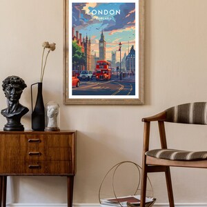 May include: A vintage-style poster with a colourful illustration of a red double-decker bus driving down a street in London, England. The poster features the text "LONDON ENGLAND" at the top.