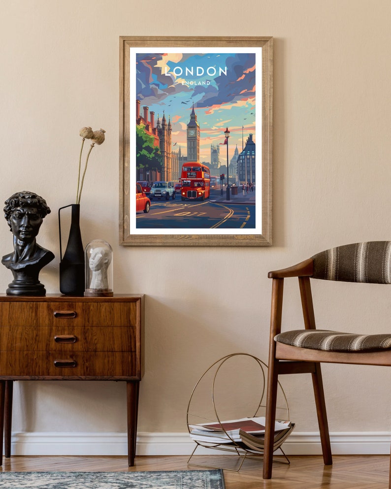 May include: A vintage-style poster with a colourful illustration of a red double-decker bus driving down a street in London, England. The poster features the text "LONDON ENGLAND" at the top.