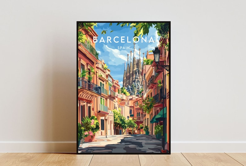 May include: A colorful illustration of a street scene in Barcelona, Spain. The street is lined with buildings and there are trees and plants growing along the sides. In the distance, the Sagrada Familia church is visible. The text "BARCELONA SPAIN" is printed at the top of the image.