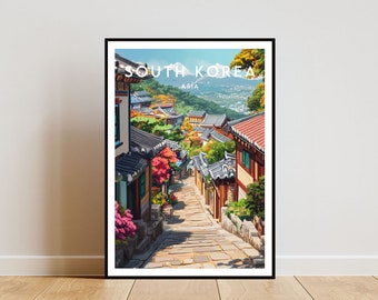 May include: A colorful illustration of a street scene in South Korea. The image features traditional Korean houses with tiled roofs, a winding cobblestone street, and lush greenery. The text "SOUTH KOREA" and "ASIA" is visible at the top of the image.