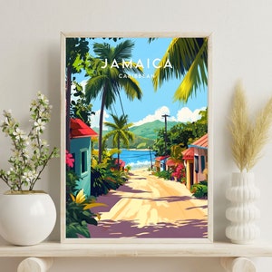 Op de afbeelding: Een kleurrijke illustratie van een straatbeeld in Jamaica. De afbeelding toont palmbomen, huizen en een onverharde weg die naar een strand leidt. De tekst "Jamaica Caribbean" staat bovenaan de afbeelding.