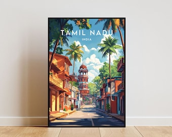 Puede incluir: Impresión artística enmarcada que presenta una escena callejera en Tamil Nadu, India. La obra muestra una carretera bordeada de edificios coloridos, palmeras y una estructura con cúpula a lo lejos. El texto "TAMIL NADU INDIA" está en la parte superior.