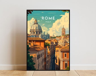May include: A vintage travel poster featuring a colorful illustration of the skyline of Rome, Italy. The poster features the iconic dome of St. Peter's Basilica and other buildings. The text "ROME ITALY" is printed in white on a blue background.