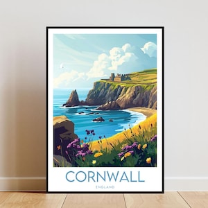 May include: A colorful illustration of a coastal scene in Cornwall, England. The image features a rocky coastline with a small bay, a castle on a hill, and a bright blue sky with fluffy clouds. The text "Cornwall, England" is at the bottom of the image.