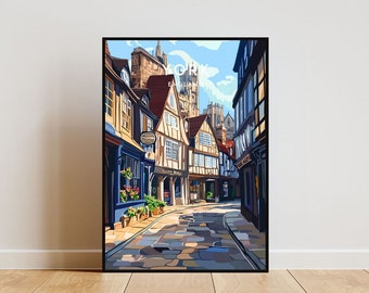 May include: A colorful illustration of a narrow street in York, England. The street is lined with old buildings, some with half-timbered facades. The street is cobblestone and there are flowers in pots on the sidewalk. The York Minster cathedral is visible in the background.