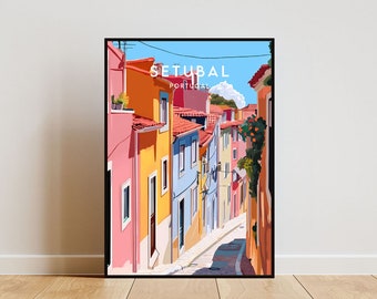 May include: A colorful illustration of a street in Setúbal, Portugal. The buildings are painted in shades of pink, yellow, blue, and orange. The street is narrow and winding, with a few trees and plants growing along the sides.