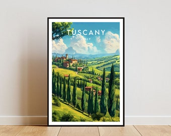 May include: A vintage travel poster depicting a scenic landscape of rolling hills, cypress trees, and a small village in Tuscany, Italy. The poster features the text "Tuscany, Italy" in a bold, white font.