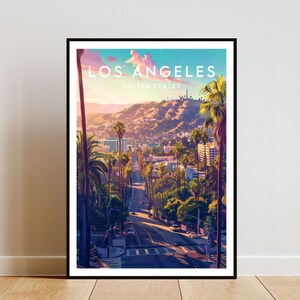May include: A colorful illustration of a cityscape with palm trees and the text "LOS ANGELES, UNITED STATES" at the top.