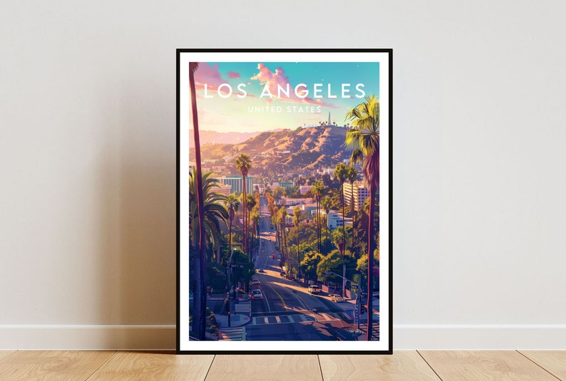 May include: A colorful illustration of a cityscape with palm trees and the text "LOS ANGELES, UNITED STATES" at the top.