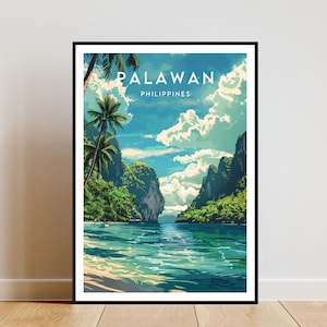 May include: A vintage travel poster design featuring a scenic view of a tropical lagoon in Palawan, Philippines. The poster features lush green foliage, towering cliffs, and a turquoise blue lagoon.