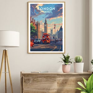 May include: A vintage-style travel poster featuring a red double-decker bus driving down a street in London, England. Big Ben is visible in the background. The poster has the text "LONDON ENGLAND" at the top.