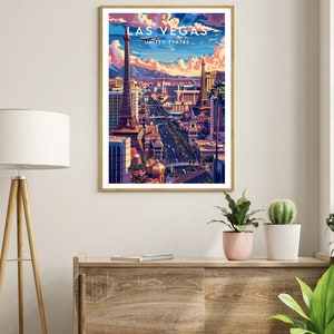 K&ouml;nnte beinhalten: Eine farbenfrohe Illustration der Skyline von Las Vegas mit dem Nachbau des Eiffelturms, dem Bellagio-Brunnen und anderen Wahrzeichen. Der Text "LAS VEGAS" und "UNITED STATES" ist oben im Bild zu sehen.