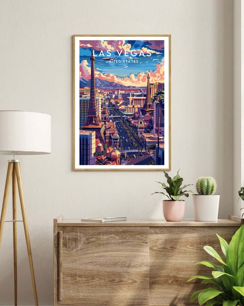 K&ouml;nnte beinhalten: Eine farbenfrohe Illustration der Skyline von Las Vegas mit dem Nachbau des Eiffelturms, dem Bellagio-Brunnen und anderen Wahrzeichen. Der Text "LAS VEGAS" und "UNITED STATES" ist oben im Bild zu sehen.
