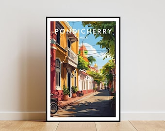 May include: A colorful illustration of a street scene in Pondicherry, India. The image features yellow buildings with balconies, palm trees, and a blue sky. The text "Pondicherry, India" is at the top of the image.