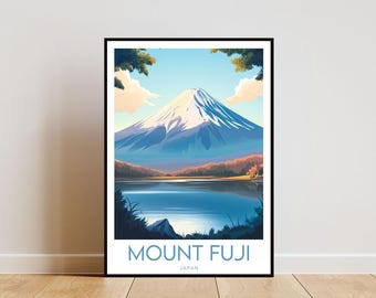 May include: A poster with a colorful illustration of Mount Fuji, a snow-capped mountain in Japan, with a lake in the foreground. The text "MOUNT FUJI" and "JAPAN" is printed below the image.