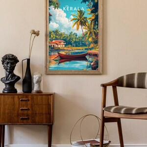 May include: A vintage travel poster with a blue sky, white clouds, and palm trees. The poster says "KERALA INDIA" and features a red boat on a calm body of water.