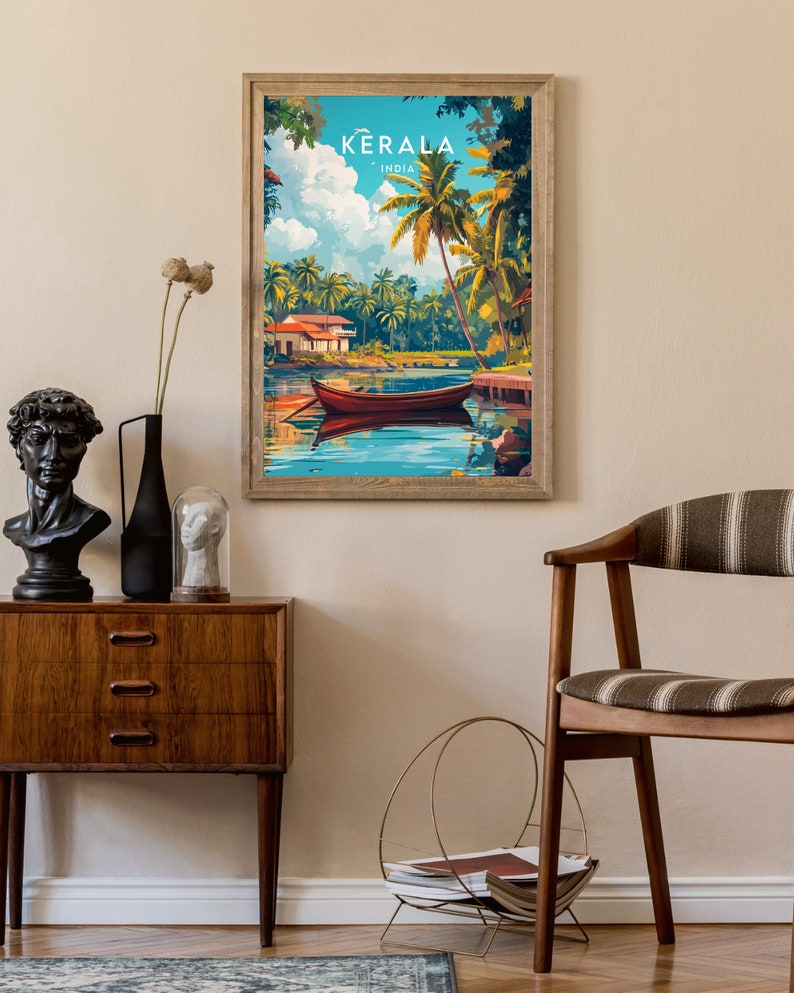 May include: A vintage travel poster with a blue sky, white clouds, and palm trees. The poster says "KERALA INDIA" and features a red boat on a calm body of water.