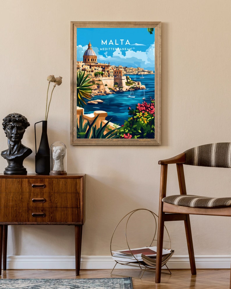 May include: A vintage travel poster featuring a colorful illustration of a cityscape with a large domed building overlooking a blue body of water. The poster has the text "MALTA MEDITTERANEAN" at the top.