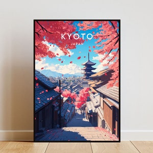 May include: A digital illustration of a cityscape in Kyoto, Japan. The image features a pagoda, cherry blossom trees, and traditional Japanese buildings. The text "KYOTO JAPAN" is displayed at the top of the image.