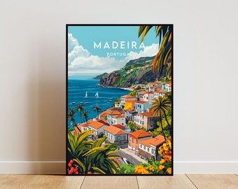 May include: A framed art print featuring a coastal scene of Madeira, Portugal. The artwork depicts colorful buildings with orange rooftops, palm trees, and sailboats on the blue ocean. The sky is a bright blue with fluffy white clouds. The text "MADEIRA PORTUGAL" is at the top.