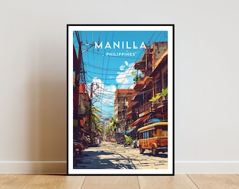 Può includere: Stampa artistica incorniciata di una scena di strada a Manila, Filippine. L'opera raffigura una strada vivace con edifici, un autobus e cavi elettrici sotto un cielo blu. La parola "MANILA" è in alto.