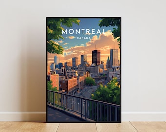 Op de afbeelding: Een kleurrijke illustratie van de skyline van Montreal bij zonsondergang. De afbeelding toont een uitzicht op de stad vanaf een dak met een balustrade, met hoge gebouwen op de achtergrond en weelderig groen op de voorgrond. De tekst "MONTREAL" en "CANADA" staat bovenaan de afbeelding.