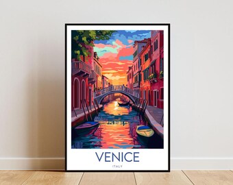 May include: A colorful illustration of a canal in Venice, Italy. The canal is lined with buildings and a bridge crosses the water. The sky is a vibrant orange and pink.