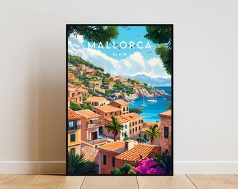 Può includere: Un'illustrazione colorata di una città costiera a Maiorca, Spagna. L'immagine presenta una collina con edifici colorati, un oceano blu e barche. Il testo "MALLORCA SPAGNA" è in cima all'immagine.
