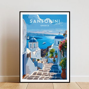 K&ouml;nnte beinhalten: Eine farbenfrohe Illustration eines wei&szlig;en Geb&auml;udes mit einer blauen Kuppel in Santorini, Griechenland. Das Geb&auml;ude befindet sich an einem Hang mit Blick auf die &Auml;g&auml;is. Der Text "SANTORINI GREECE" befindet sich oben im Bild.