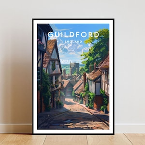 Impresión de viaje de Guildford - Inglaterra, cartel de Guildford, cartel de Inglaterra, arte de la pared de viaje, impresión de Inglaterra, Inglaterra, Gran Bretaña, Guildford, impresión del Reino Unido