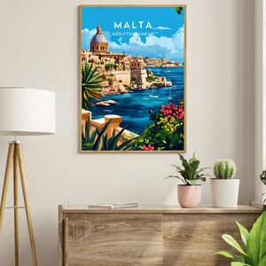 May include: A vintage travel poster featuring a colorful illustration of a cityscape with a church dome, a body of water, and lush greenery. The poster has the text "MALTA MEDITTERANEAN" at the top.