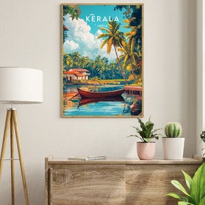 May include: A vintage travel poster featuring a scenic view of Kerala, India. The poster depicts a tranquil river with a wooden boat, lush palm trees, and a traditional house in the background. The text "KERALA INDIA" is displayed at the top of the poster.