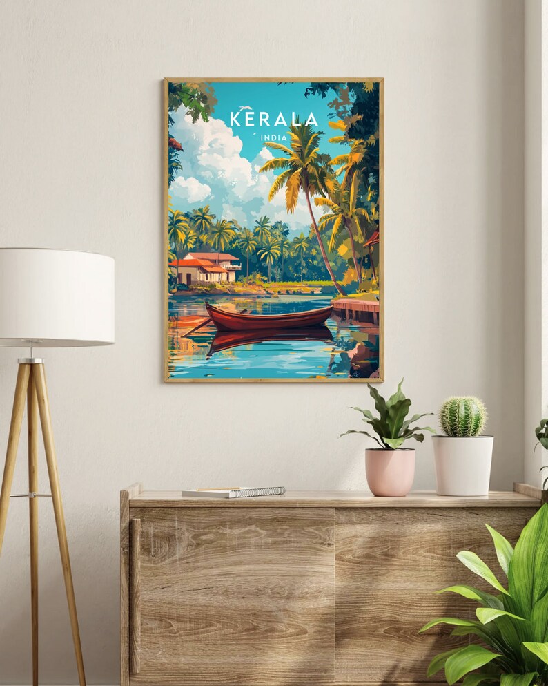 May include: A vintage travel poster featuring a scenic view of Kerala, India. The poster depicts a tranquil river with a wooden boat, lush palm trees, and a traditional house in the background. The text "KERALA INDIA" is displayed at the top of the poster.