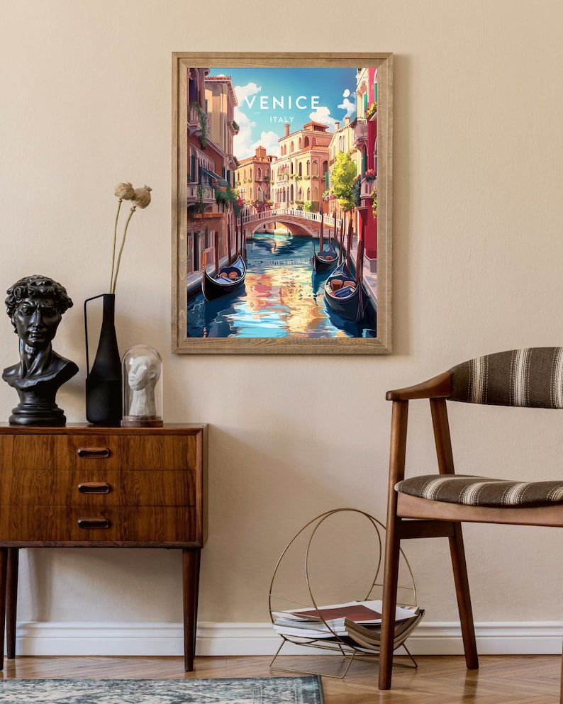 May include: A vintage travel poster featuring a colorful illustration of a canal in Venice, Italy. The poster has the text "Venice, Italy" at the top.