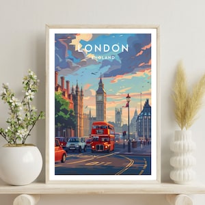 May include: A vintage-style travel poster featuring a red double-decker bus driving down a street in London, England. Big Ben is visible in the background. The poster has the text "LONDON ENGLAND" at the top.