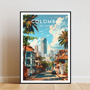 May include: A colourful illustration of a street scene in Colombo, Sri Lanka. The image features palm trees, buildings, and a road with cars. The text "COLOMBO SRI LANKA" is at the top of the image.