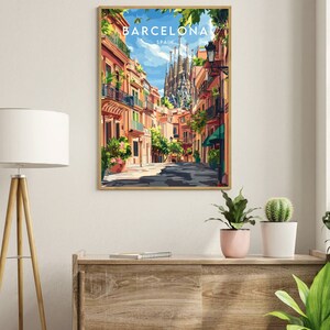 May include: A colorful illustration of a street scene in Barcelona, Spain. The image features a narrow street lined with buildings, with the iconic Sagrada Familia cathedral visible in the background. The text "BARCELONA" and "SPAIN" is displayed at the top of the image.