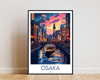 May include: A colorful illustration of Osaka, Japan, with a cityscape at dusk. The image features a canal with a boat, buildings with neon lights, and a tall tower in the distance. The text "OSAKA" and "JAPAN" is at the bottom of the image.