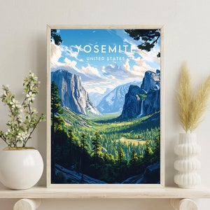 May include: A vintage travel poster depicting a scenic view of Yosemite National Park in California, USA. The poster features a bright blue sky with fluffy white clouds, towering granite cliffs, a verdant green valley, and a cascading waterfall. The text "Yosemite" and "United States" is printed in white on the poster.
