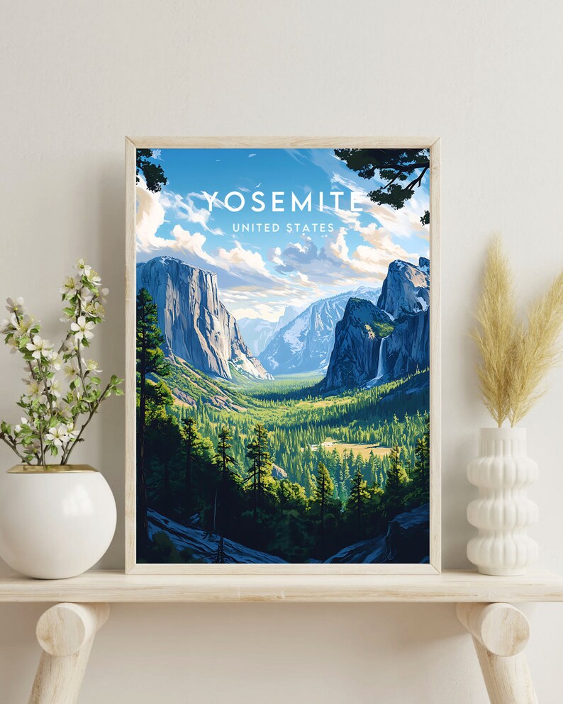 May include: A vintage travel poster depicting a scenic view of Yosemite National Park in California, USA. The poster features a bright blue sky with fluffy white clouds, towering granite cliffs, a verdant green valley, and a cascading waterfall. The text "Yosemite" and "United States" is printed in white on the poster.