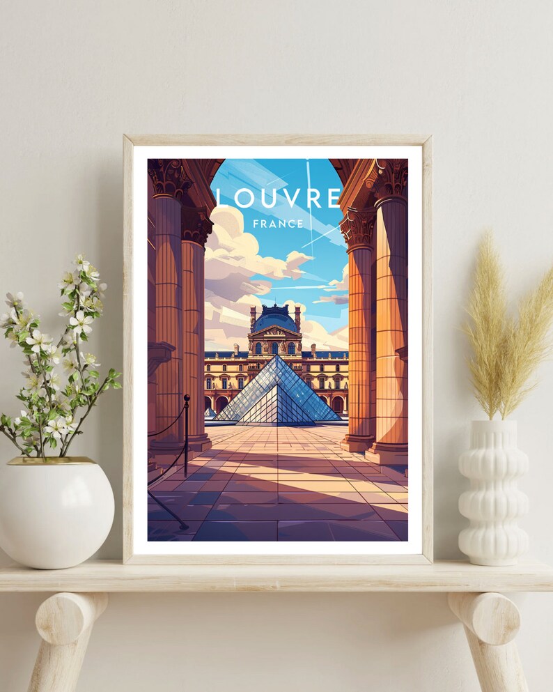 May include: A framed illustration of the Louvre Museum in Paris, France. The image shows the iconic glass pyramid in the courtyard, with the text "Louvre" and "France" above it.