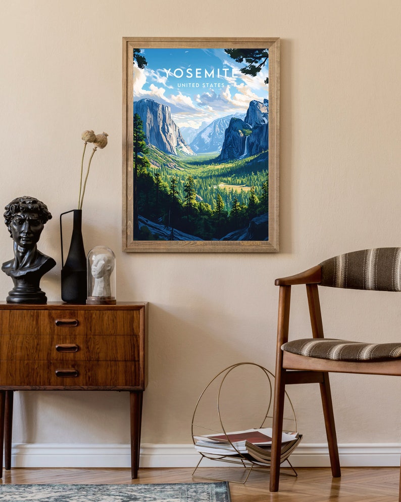 May include: A framed poster featuring a vintage travel illustration of Yosemite National Park in California, United States. The poster depicts a scenic view of the valley with mountains, trees, and a waterfall. The text "Yosemite, United States" is printed at the top of the poster.