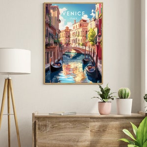 May include: A vintage travel poster featuring a colorful illustration of a canal in Venice, Italy. The poster has the text "Venice, Italy" at the top. Three gondolas are visible in the canal.
