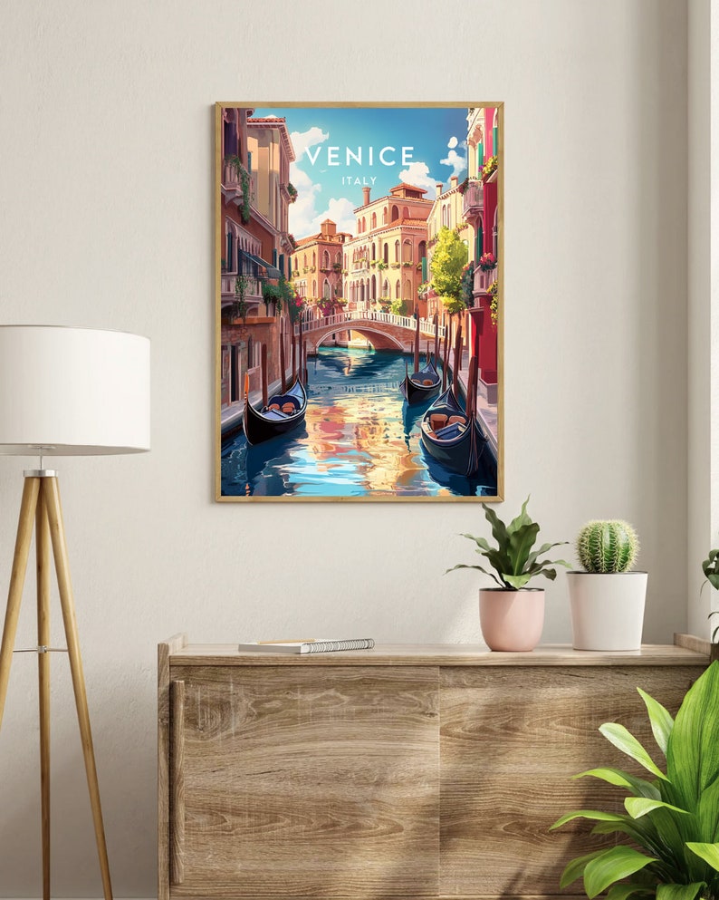 May include: A vintage travel poster featuring a colorful illustration of a canal in Venice, Italy. The poster has the text "Venice, Italy" at the top. Three gondolas are visible in the canal.