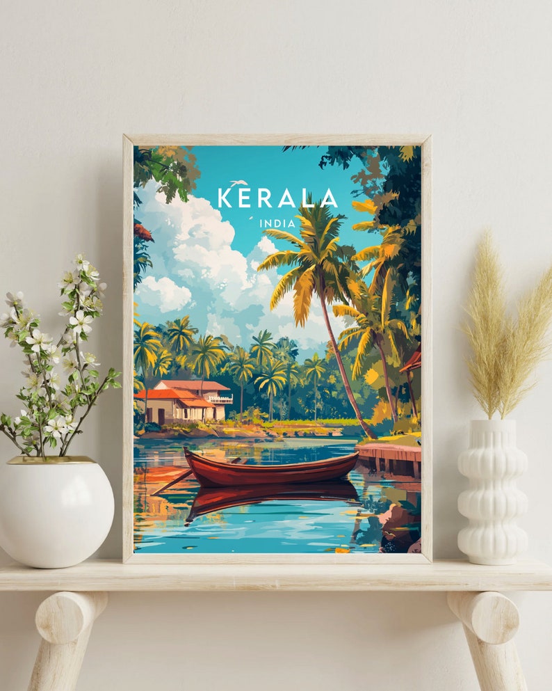 May include: A vintage travel poster featuring a scenic view of Kerala, India. The poster depicts a tranquil river with a wooden boat, lush green palm trees, and a traditional house in the background. The text "KERALA INDIA" is displayed at the top of the poster.