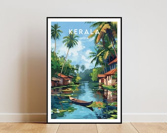 Puede incluir: Una ilustración colorida de un paisaje tropical en Kerala, India. La imagen presenta un estrecho canal bordeado de exuberantes palmeras verdes, casas tradicionales y un pequeño bote. El cielo es azul con nubes blancas.