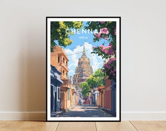 May include: A colorful illustration of a street scene in Chennai, India. The street is lined with buildings and trees, and a large, ornate temple is visible in the distance. The text "CHENNAI INDIA" is printed at the top of the image.
