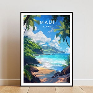 Puede incluir: Un cartel de viaje vintage que muestra una vista panorámica de una playa en Maui, Hawái. El cartel presenta un cielo azul con nubes blancas, palmeras y una playa de arena con agua turquesa.