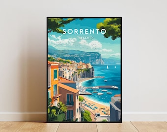 May include: A framed art print featuring a colorful illustration of Sorrento, Italy. The artwork depicts a coastal town with buildings, a beach, boats, and the text "SORRENTO ITALY" at the top, set against a blue sky and sea.
