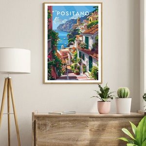 May include: A colorful illustration of Positano, Italy, with a view of the Mediterranean Sea and the town's colorful buildings. The text "Positano, Italy" is at the top of the image.